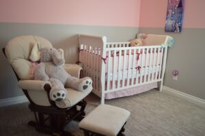 nursery, crib, chair, baby, stuffed animal